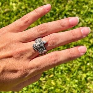 Solid Sterling Silver Eagle feather ring chunky wide boho biker sz 9, 10 and 12